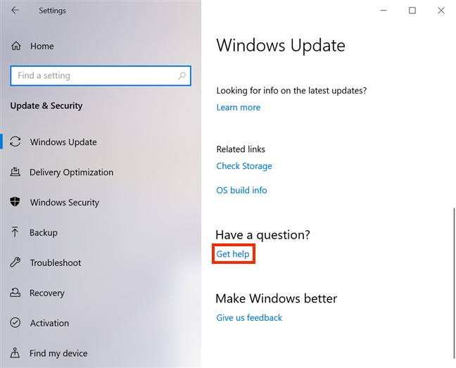 The Get help link at the bottom of the settings for Windows Update