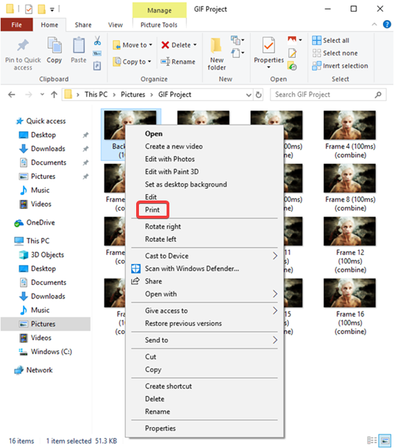 Print extracted GIF frames in Windows