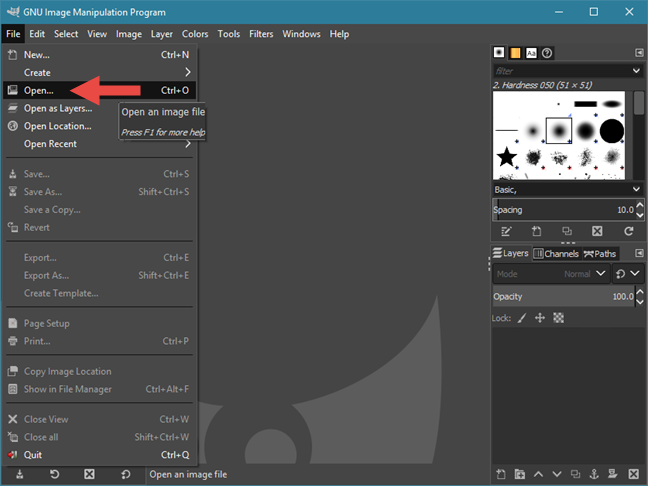 Opening the first image from the GIF animation, using the File menu from GIMP