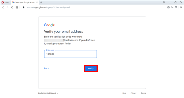 Insert the verification code received via email