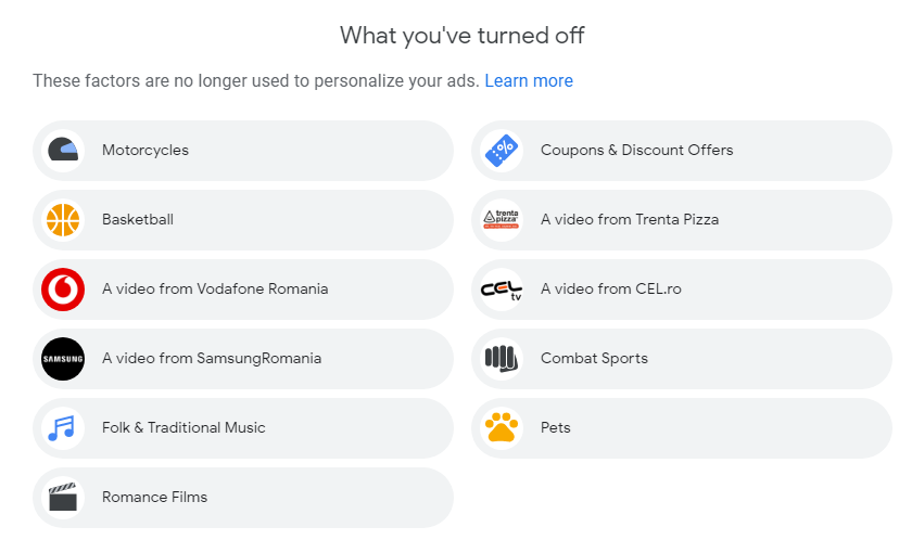 The factors that are no longer used to personalize Google's ads
