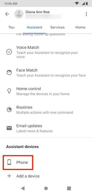 Access Phone under Assistant devices