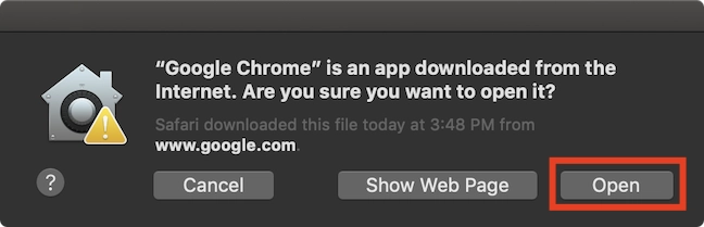 Warning about Chrome being downloaded from the Internet