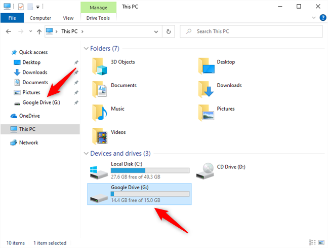Google Drive in File Explorer listed in Quick access and as a regular drive