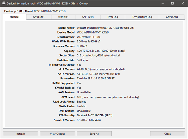 GSmartControl showing identity details about an HDD