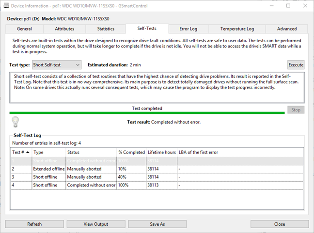 GSmartControl built-in HDD self-tests