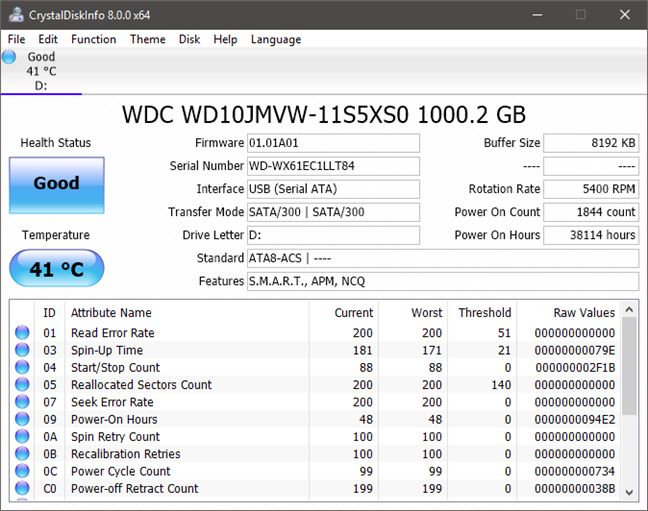 CrystalDiskInfo showing details about an HDD