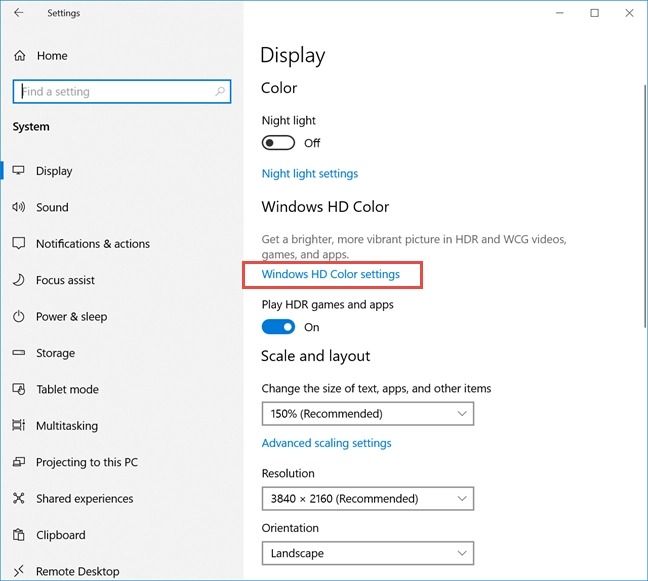 Click or tap Windows HD Color settings