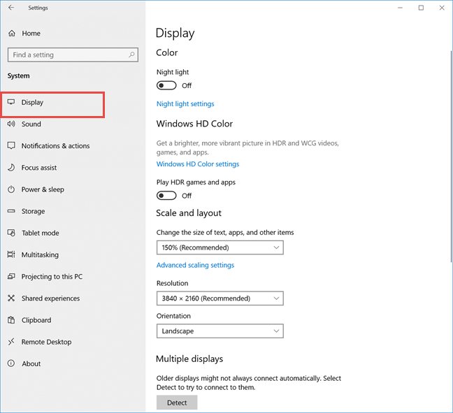 Display settings for Windows 10