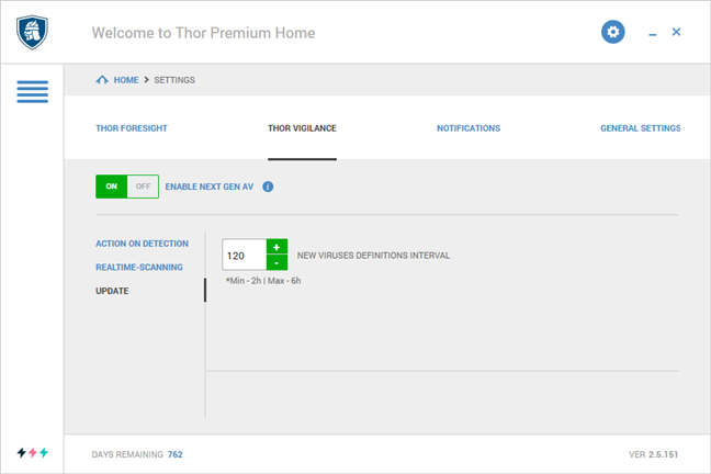 The settings page for Thor Vigilance