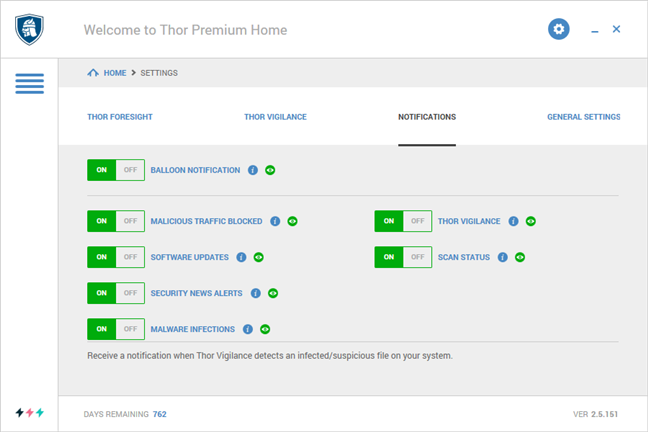 The Notification settings for Heimdal Thor Premium Home