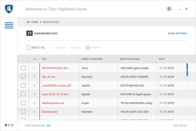 The files quarantined by Heimdal Thor Premium Home during a system-wide scan