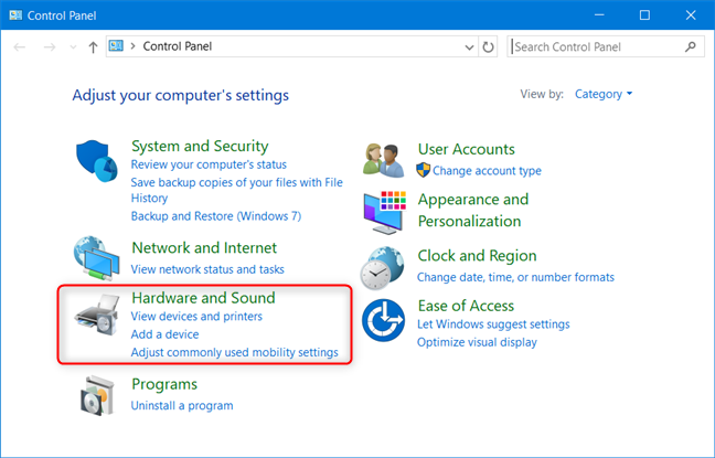 Control Panel - Go to Hardware and Sound
