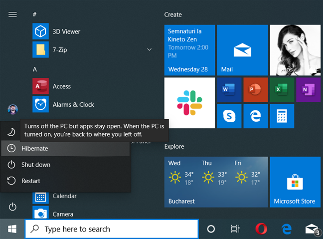 The Hibernate option in Windows 10's Power menu