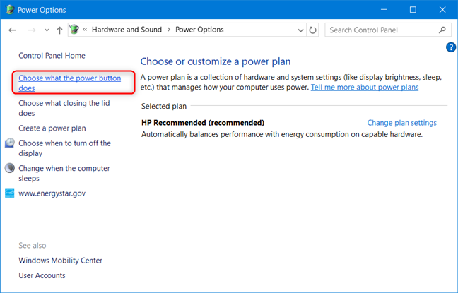 Control Panel - Click Choose what the power button does