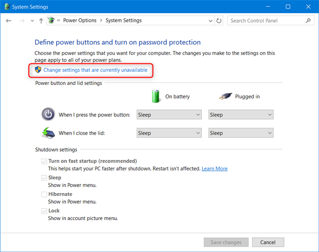 Control Panel - Click Change settings that are currently unavailable