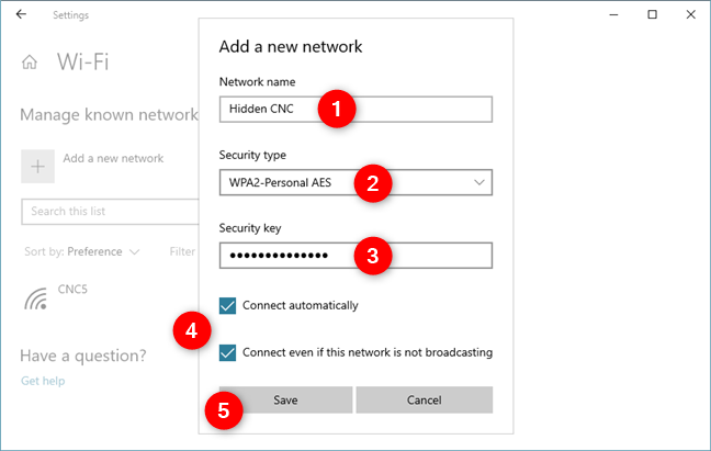 Entering the details of the hidden wireless network in Windows 10