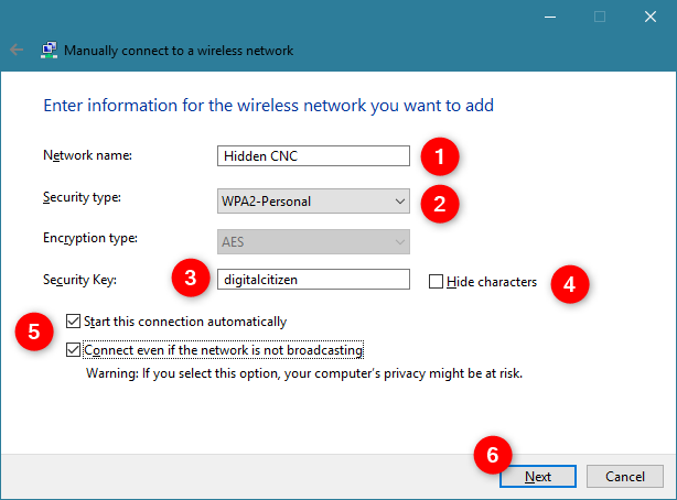 Entering the details of the hidden wireless network