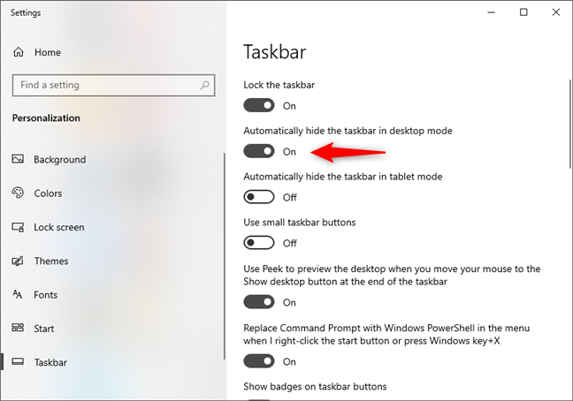 Choosing to Automatically hide the taskbar in desktop mode