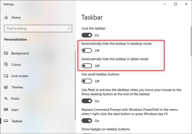 Automatically hide the taskbar in desktop and tablet mode