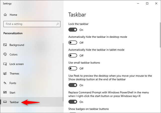 The Taskbar page from the Windows 10 Settings