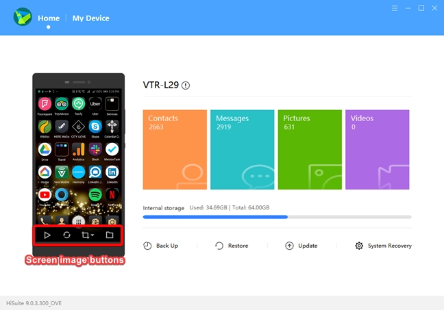 Screen image buttons in HiSuite