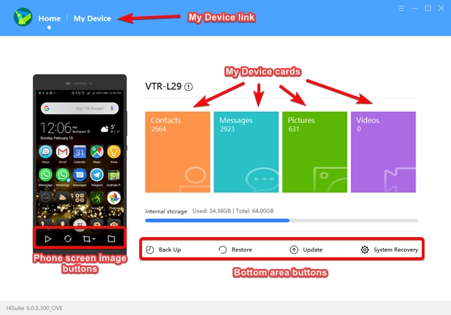 The user interface elements of HiSuite
