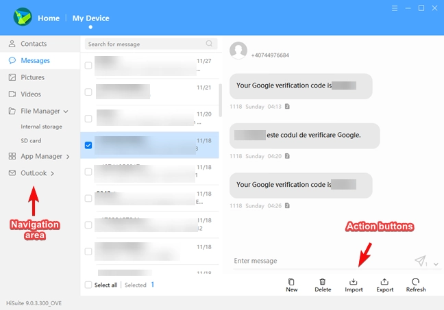 Messages screen in HiSuite