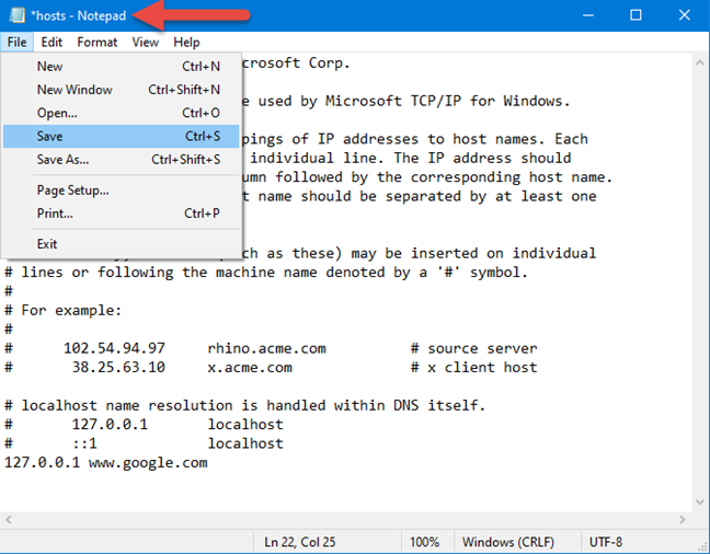 Saving the Hosts file in Notepad