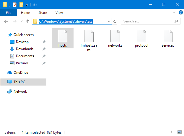 The location of the Hosts file, in Windows