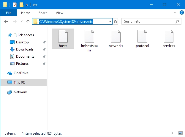 The location of the Hosts file, in Windows