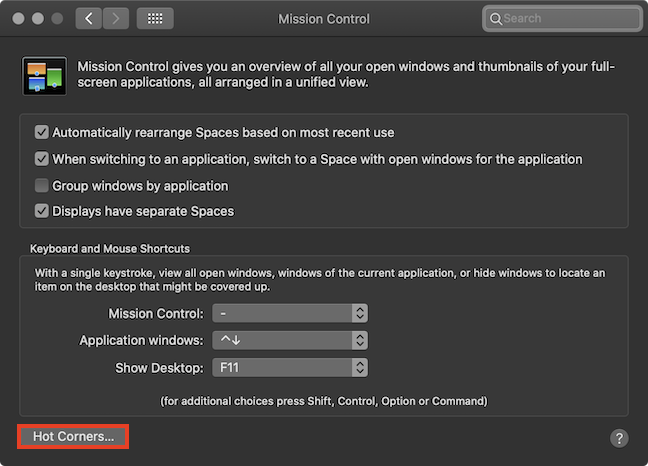 Open Hot Corners from the Mission Control pane