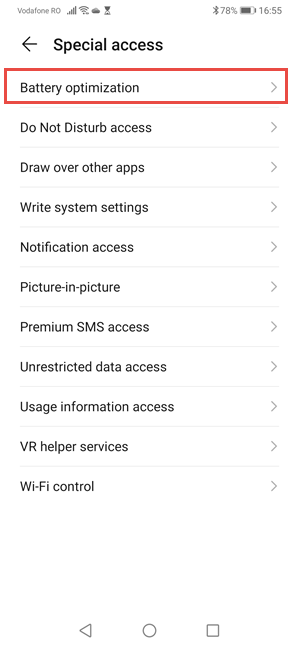 Access the Battery optimization settings