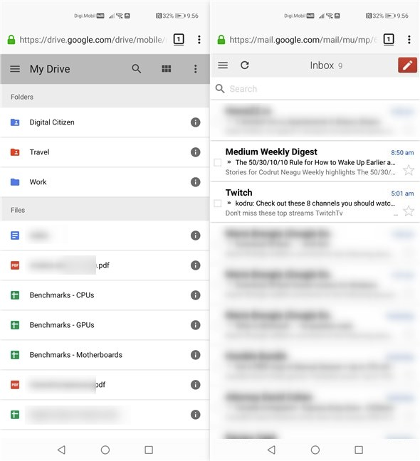 Huawei P40 Pro: Using Google Drive and Gmail in a web browser