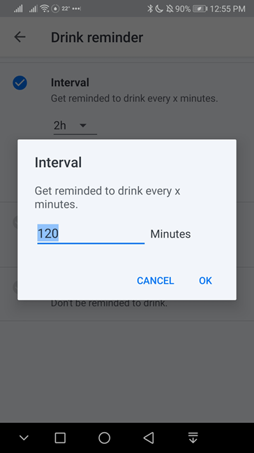 Modify the interval for the reminder in Hydro Coach