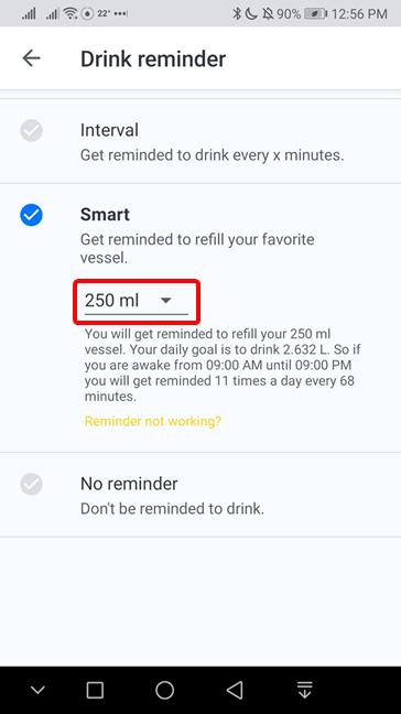 Set reminder in Hydro Coach based on the size of your water bottle