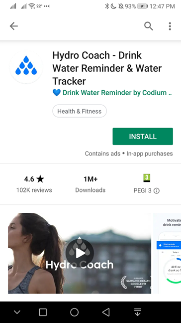 The Hydro Coach page in the Google Play Store