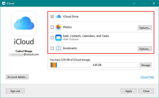 The features and services available in iCloud for Windows