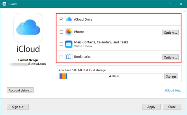 The features and services available in iCloud for Windows
