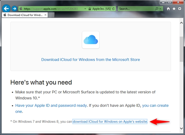 The iCloud for Windows 7 download link