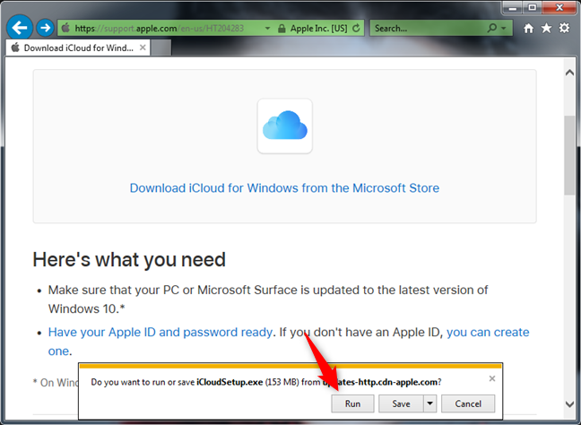 Running the iCloud for Windows 7 installer