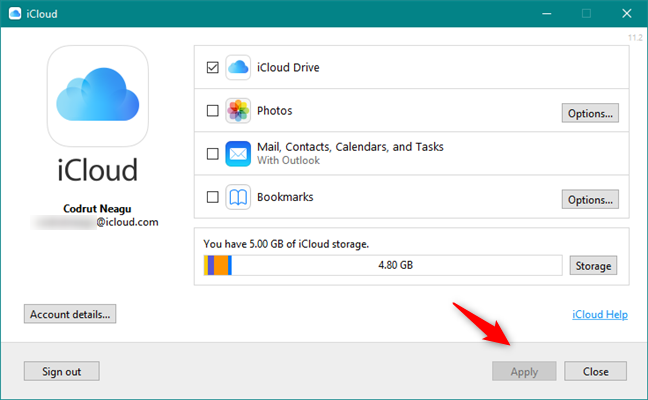 Finalizing the installation of iCloud for Windows 10