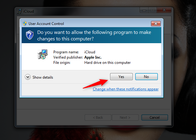 UAC prompt for installing iCloud for Windows 7