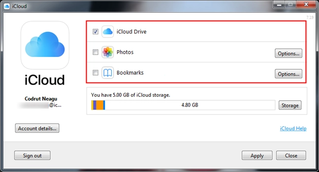Services and features available in iCloud for Windows 7