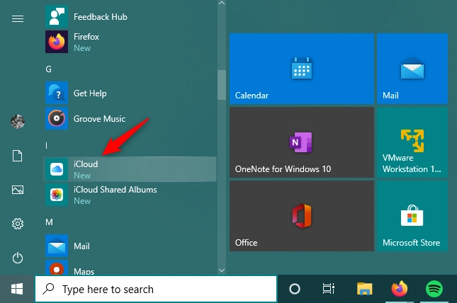 The iCloud shortcut from the Start Menu