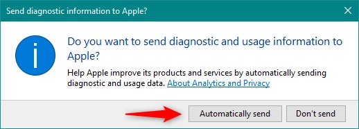 Choosing whether diagnostic and usage data is sent to Apple