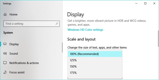 The scaling options available in Windows 10 Settings