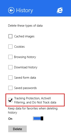 Internet Explorer, Windows 8.1, app, delete, browsing history, data