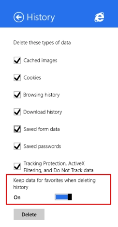Internet Explorer, Windows 8.1, app, delete, browsing history, data