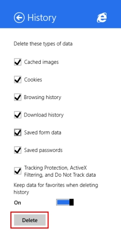 Internet Explorer, Windows 8.1, app, delete, browsing history, data